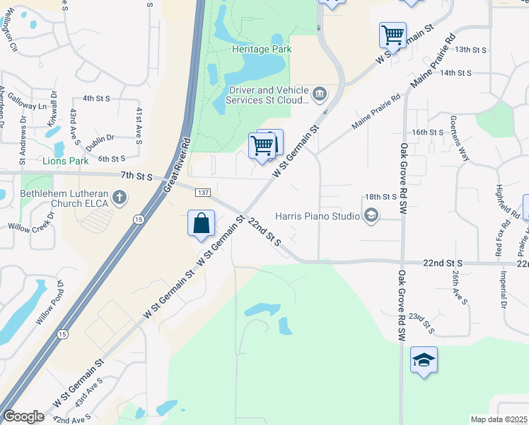 map of restaurants, bars, coffee shops, grocery stores, and more near 3600 West Saint Germain Street in Saint Cloud