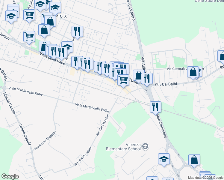 map of restaurants, bars, coffee shops, grocery stores, and more near 96 Via Lazzaro Bonamico in Vicenza