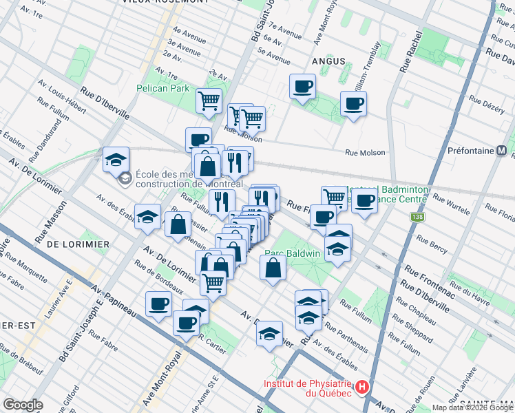 map of restaurants, bars, coffee shops, grocery stores, and more near 4545 Rue Chapleau in Montréal