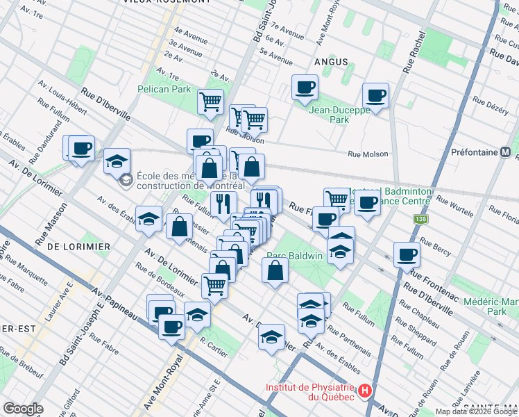 map of restaurants, bars, coffee shops, grocery stores, and more near 4545 Rue Chapleau in Montréal