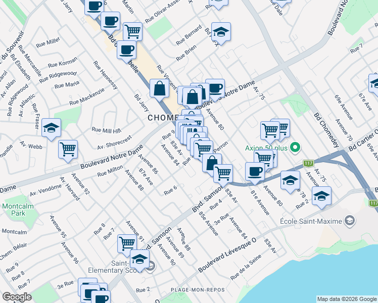 map of restaurants, bars, coffee shops, grocery stores, and more near 784 Boulevard du Curé-Labelle in Laval