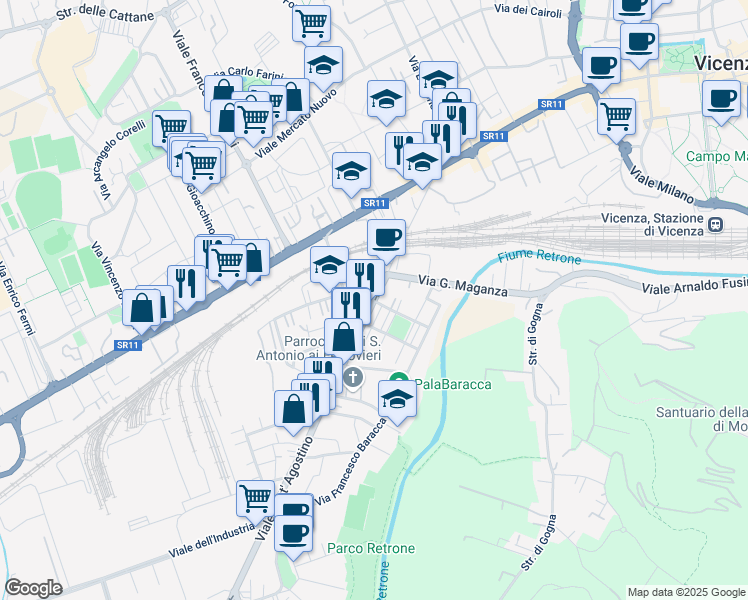 map of restaurants, bars, coffee shops, grocery stores, and more near 77 Via Giuseppe Vaccari in Vicenza