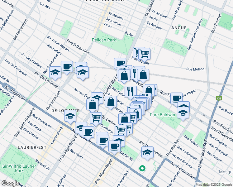 map of restaurants, bars, coffee shops, grocery stores, and more near 4816 Rue Fullum in Montréal