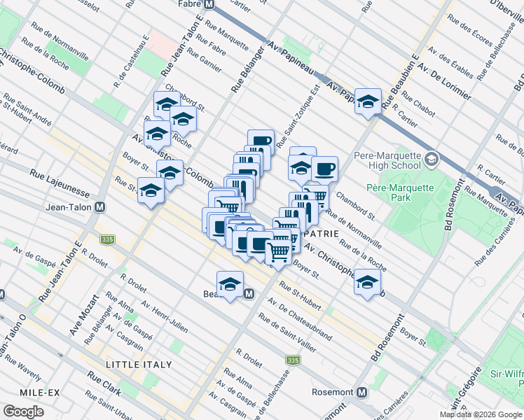 map of restaurants, bars, coffee shops, grocery stores, and more near 6657 Avenue Christophe-Colomb in Montréal