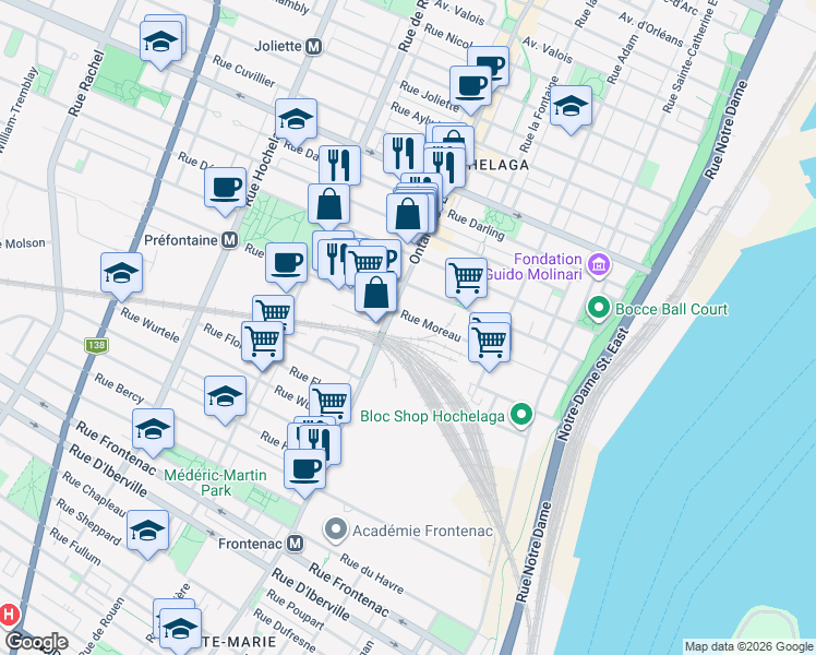 map of restaurants, bars, coffee shops, grocery stores, and more near in Montreal
