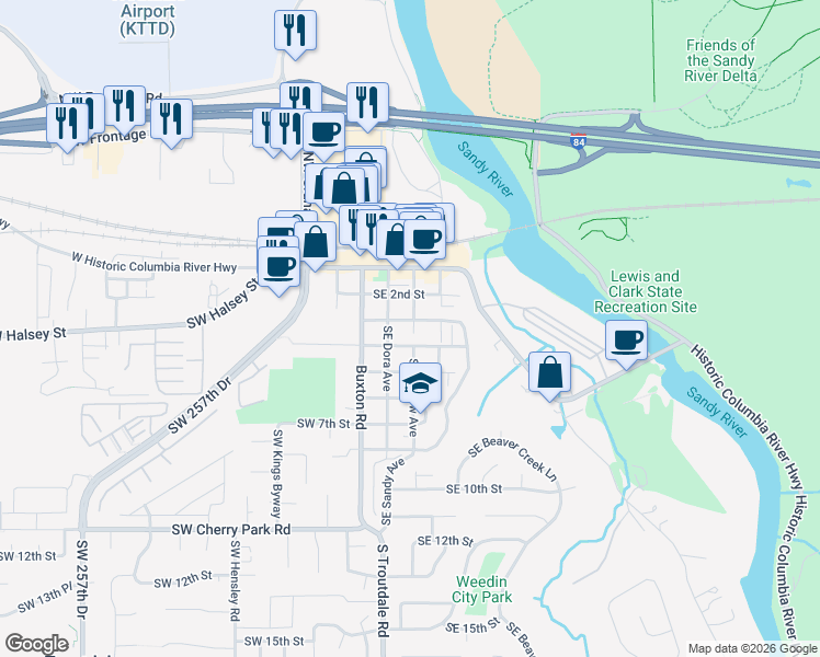 map of restaurants, bars, coffee shops, grocery stores, and more near 411 Southeast Harlow Avenue in Troutdale