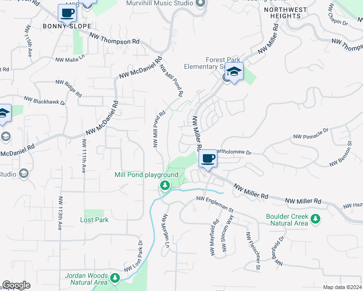 map of restaurants, bars, coffee shops, grocery stores, and more near 2141 Northwest Cedar View Lane in Portland