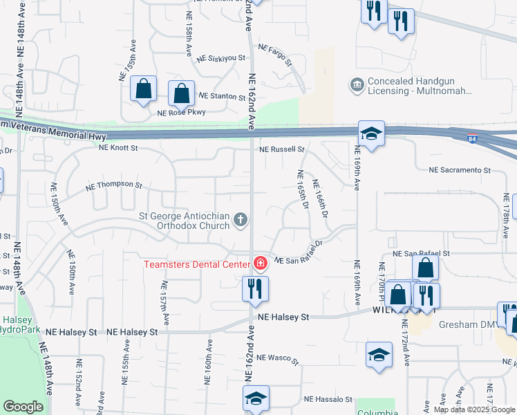 map of restaurants, bars, coffee shops, grocery stores, and more near 16269 Northeast Eugene Court in Portland
