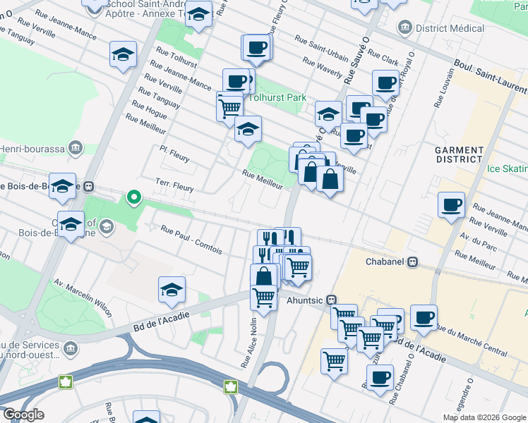map of restaurants, bars, coffee shops, grocery stores, and more near 10120 Rue Lauraine-Vaillancourt in Montréal