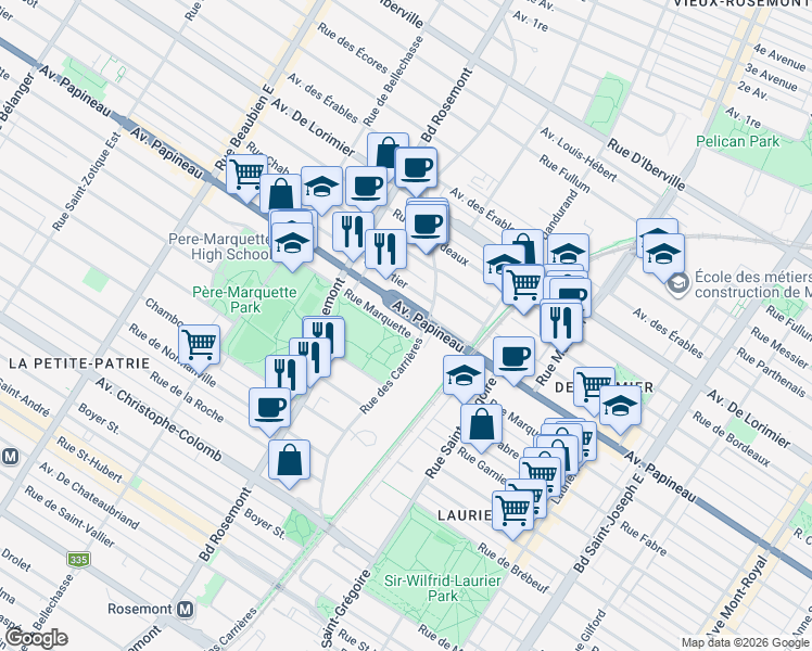 map of restaurants, bars, coffee shops, grocery stores, and more near 5735 Rue Marquette in Montréal