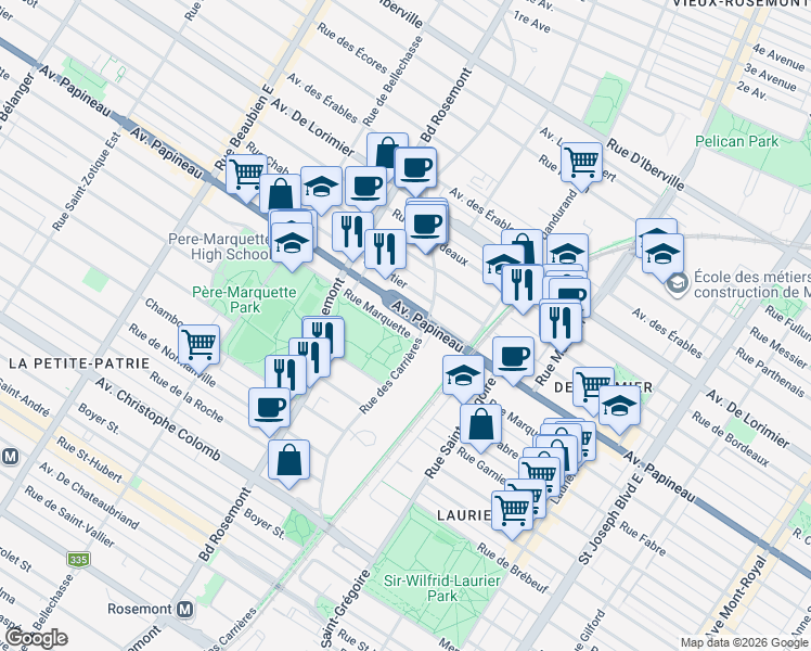 map of restaurants, bars, coffee shops, grocery stores, and more near 5735 Rue Marquette in Montréal