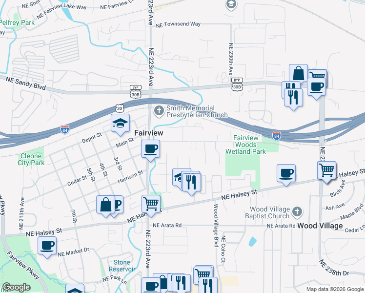 map of restaurants, bars, coffee shops, grocery stores, and more near 1936 Northeast 227th Court in Fairview