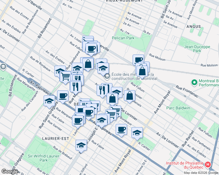 map of restaurants, bars, coffee shops, grocery stores, and more near 5112 Rue Parthenais in Montréal