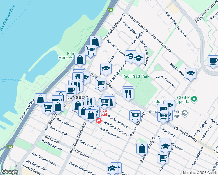 map of restaurants, bars, coffee shops, grocery stores, and more near 440 Chemin de Chambly in Longueuil