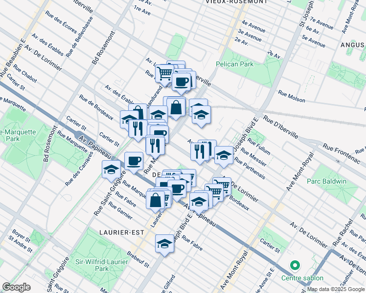 map of restaurants, bars, coffee shops, grocery stores, and more near 5305 Avenue De Lorimier in Montréal
