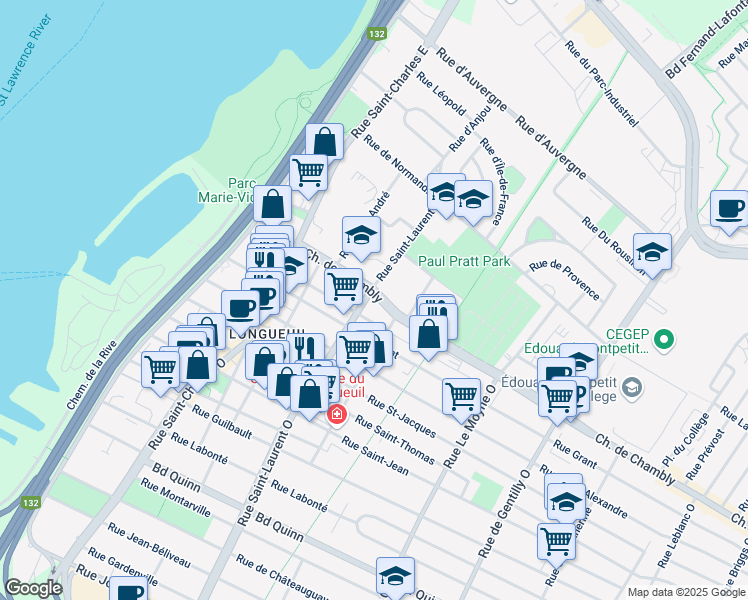 map of restaurants, bars, coffee shops, grocery stores, and more near 370 Chemin de Chambly in Longueuil