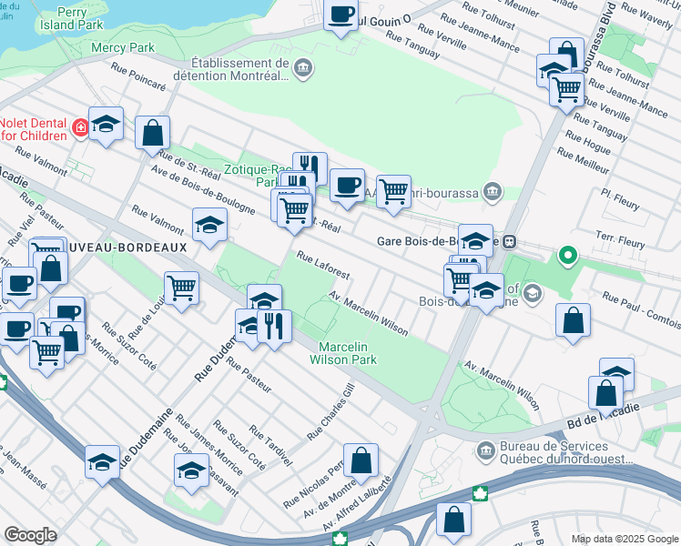 map of restaurants, bars, coffee shops, grocery stores, and more near 11505 Rue Laforest in Montreal