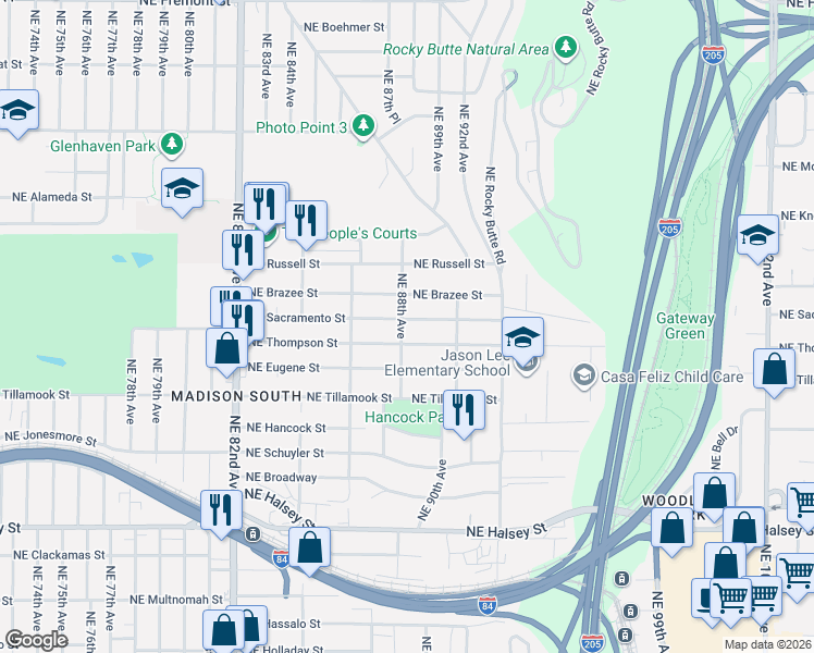 map of restaurants, bars, coffee shops, grocery stores, and more near 2225 Northeast 88th Avenue in Portland