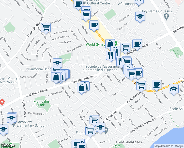 map of restaurants, bars, coffee shops, grocery stores, and more near 4081 Boulevard Notre-Dame in Laval