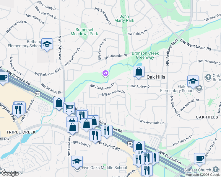 map of restaurants, bars, coffee shops, grocery stores, and more near 16662 Northwest Paddington Drive in Beaverton