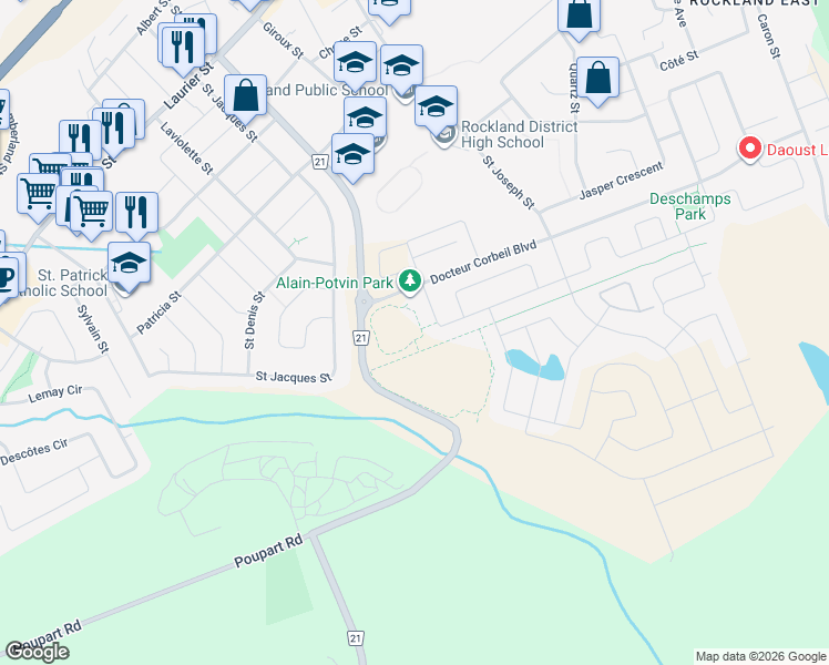 map of restaurants, bars, coffee shops, grocery stores, and more near in Clarence-Rockland