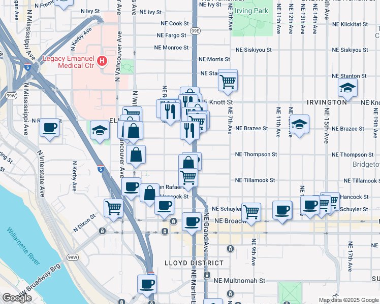 map of restaurants, bars, coffee shops, grocery stores, and more near 2111 Northeast Martin Luther King Junior Boulevard in Portland