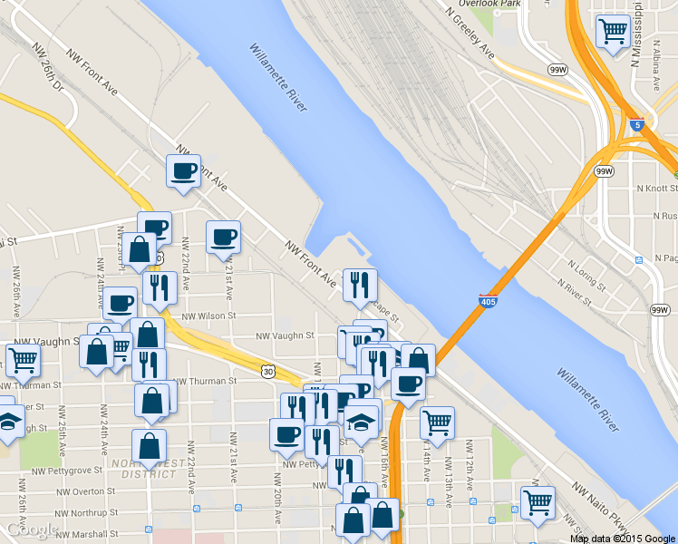 map of restaurants, bars, coffee shops, grocery stores, and more near 1830 Northwest Riverscape Street in Portland