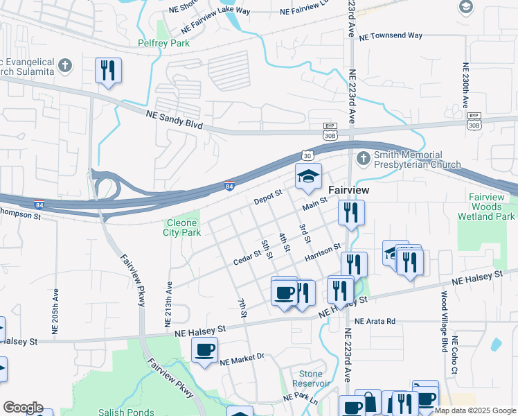 map of restaurants, bars, coffee shops, grocery stores, and more near 435 Main Street in Fairview
