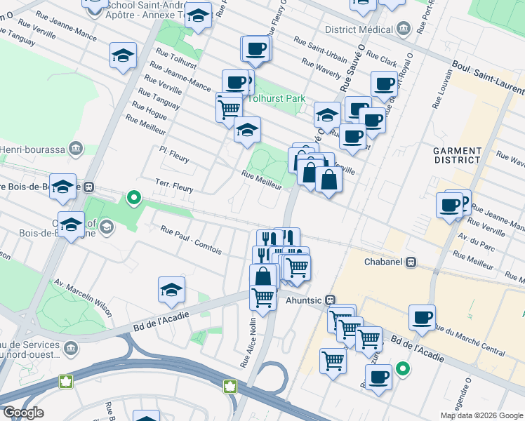 map of restaurants, bars, coffee shops, grocery stores, and more near 10120 Rue Lauraine-Vaillancourt in Montréal