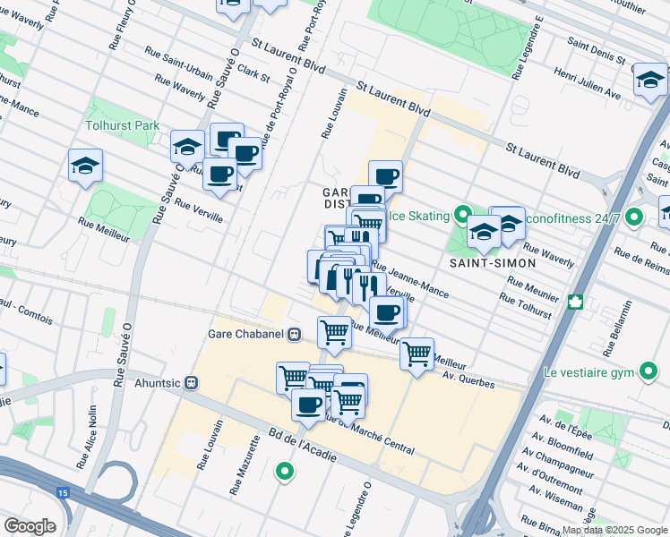 map of restaurants, bars, coffee shops, grocery stores, and more near 433 Rue Chabanel Ouest in Montreal