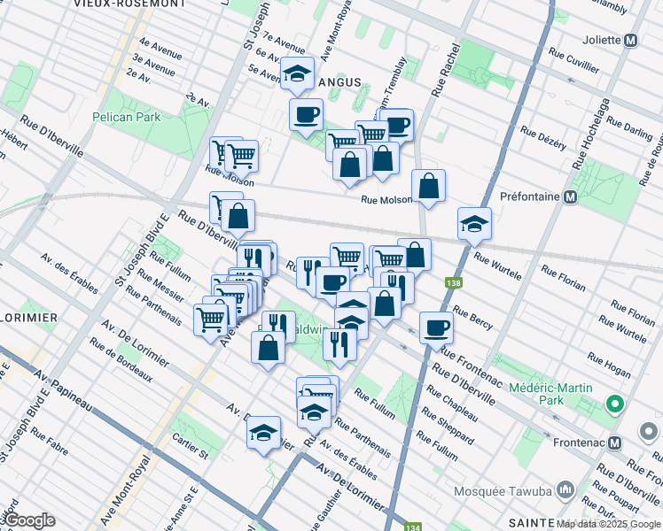 map of restaurants, bars, coffee shops, grocery stores, and more near in Montréal