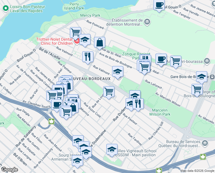 map of restaurants, bars, coffee shops, grocery stores, and more near 1951 Rue de Louisbourg in Montréal
