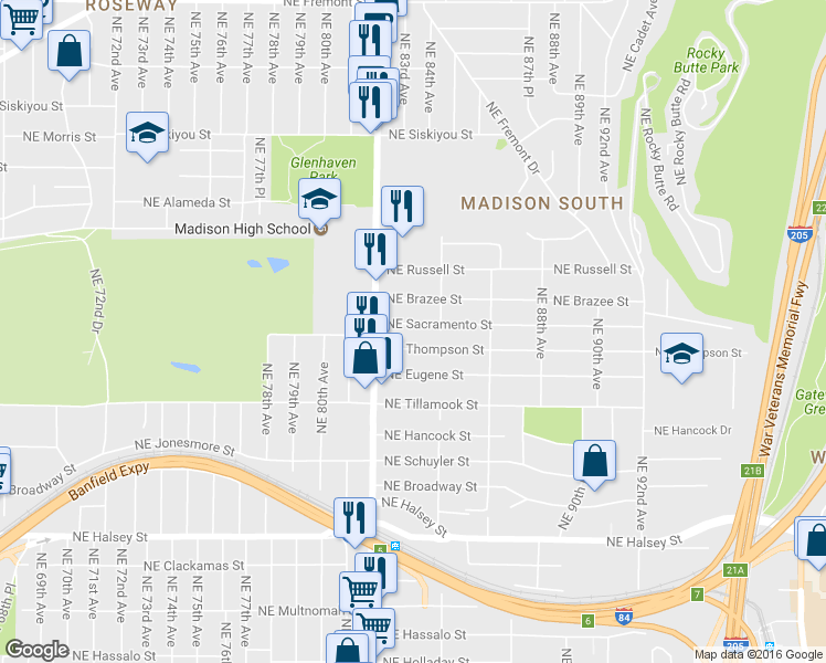 map of restaurants, bars, coffee shops, grocery stores, and more near 8310 NE Sacramento St in Portland