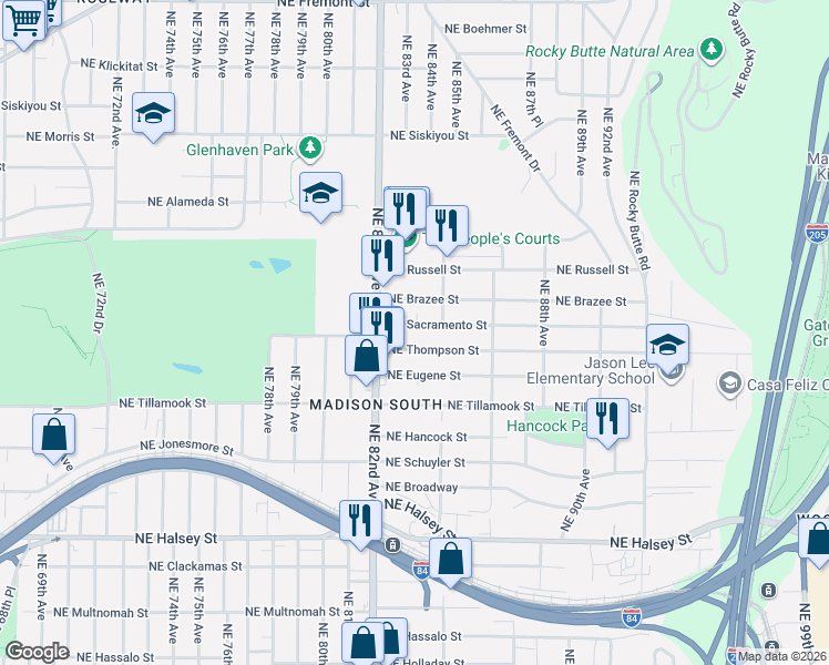 map of restaurants, bars, coffee shops, grocery stores, and more near 8310 NE Sacramento St in Portland