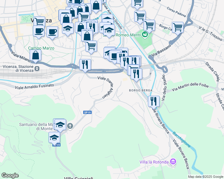 map of restaurants, bars, coffee shops, grocery stores, and more near 2 Viale Massimo D'Azeglio in Vicenza