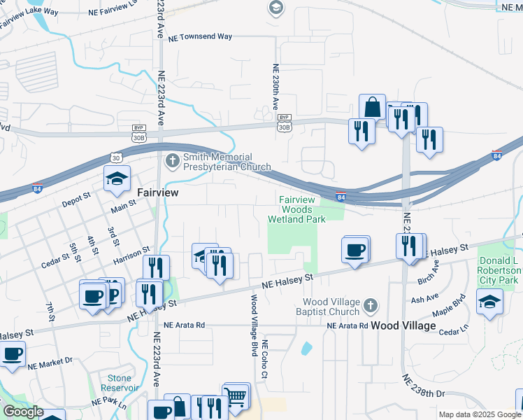 map of restaurants, bars, coffee shops, grocery stores, and more near 2162 Northeast 229th Court in Fairview