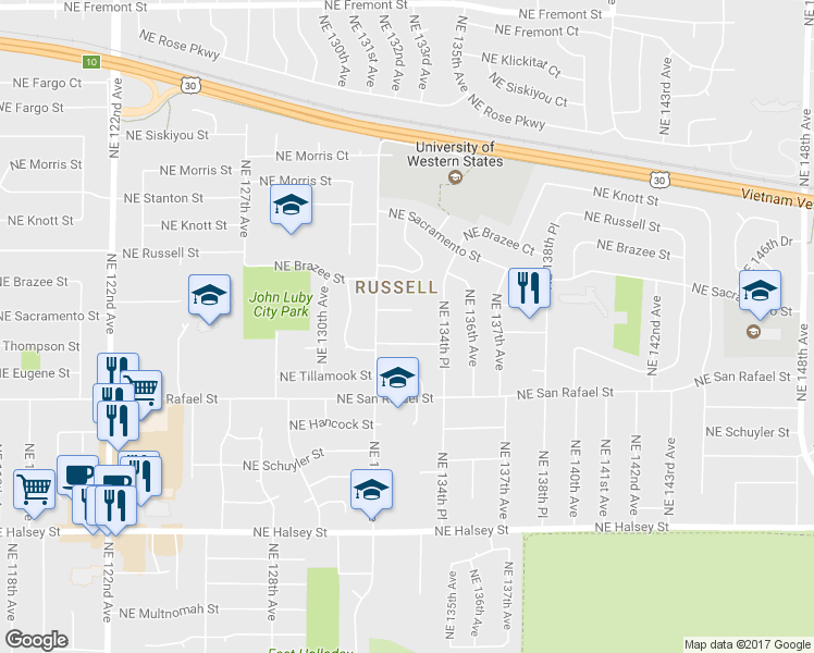 map of restaurants, bars, coffee shops, grocery stores, and more near 13322 Northeast Eugene Street in Portland