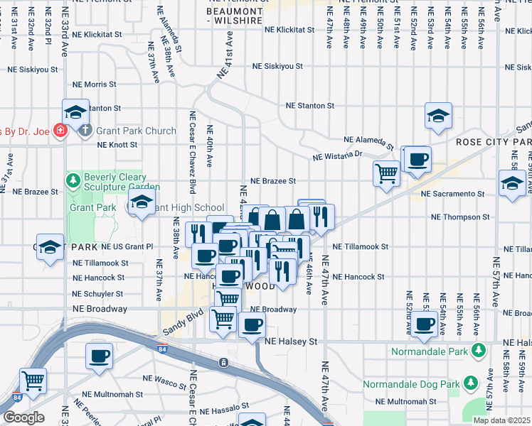 map of restaurants, bars, coffee shops, grocery stores, and more near 2205 Northeast 43rd Avenue in Portland