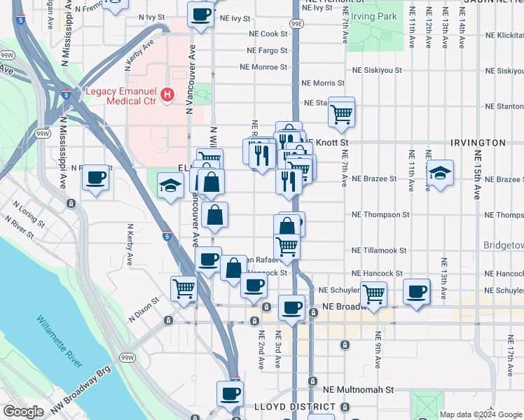 map of restaurants, bars, coffee shops, grocery stores, and more near 2126 Northeast Rodney Avenue in Portland