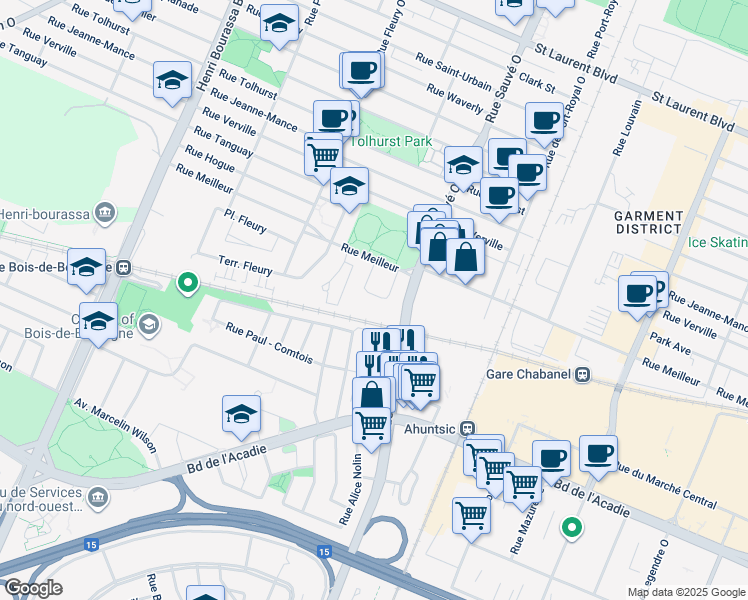 map of restaurants, bars, coffee shops, grocery stores, and more near 10140 Rue Lauraine-Vaillancourt in Montréal