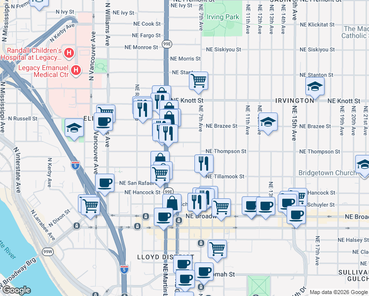 map of restaurants, bars, coffee shops, grocery stores, and more near 520 Northeast Sacramento Street in Portland