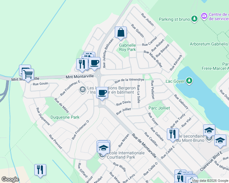map of restaurants, bars, coffee shops, grocery stores, and more near 24 Rue Jogues in Saint-Bruno-de-Montarville