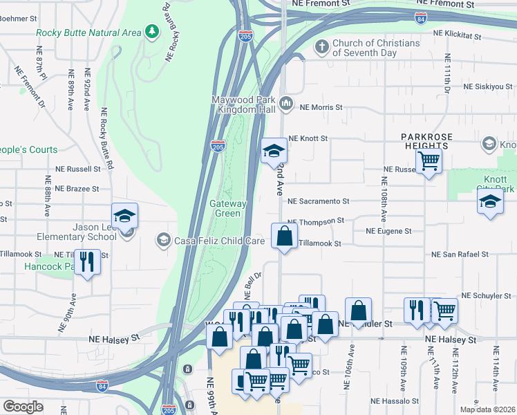 map of restaurants, bars, coffee shops, grocery stores, and more near 2215 Northeast 102nd Avenue in Portland