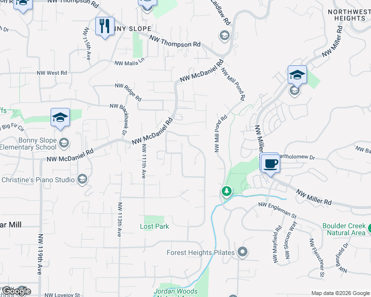 map of restaurants, bars, coffee shops, grocery stores, and more near 2610 Northwest Robinia Lane in Portland