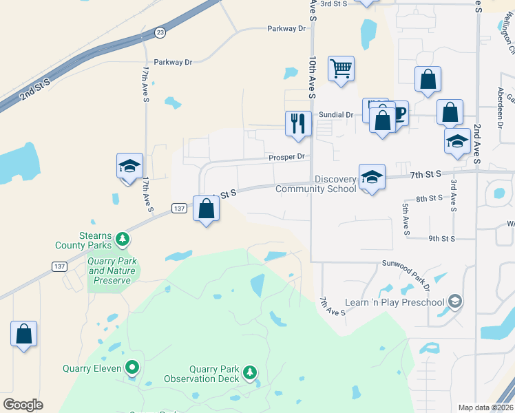 map of restaurants, bars, coffee shops, grocery stores, and more near 1218 8th Street South in Waite Park