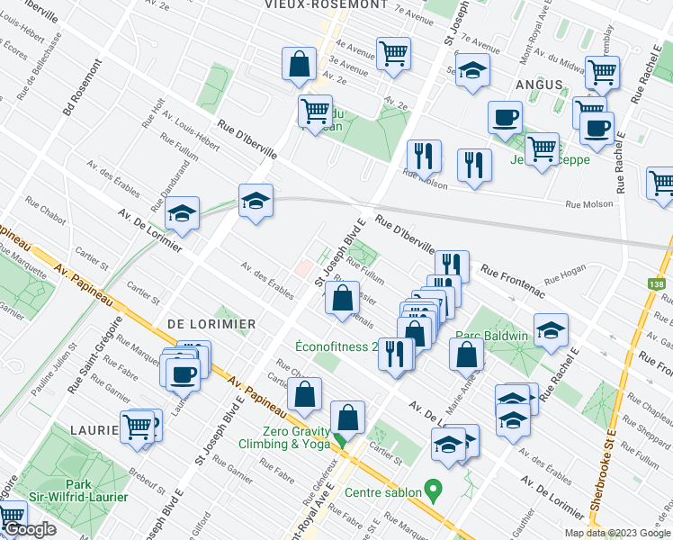 map of restaurants, bars, coffee shops, grocery stores, and more near 2260 Boulevard Saint-Joseph Est in Montréal