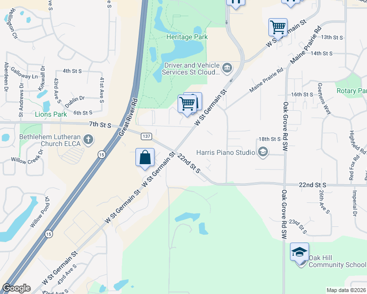 map of restaurants, bars, coffee shops, grocery stores, and more near 3600 West Street Germain Street in St. Cloud