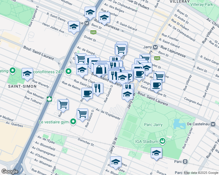 map of restaurants, bars, coffee shops, grocery stores, and more near 8303 Rue Clark in Montréal