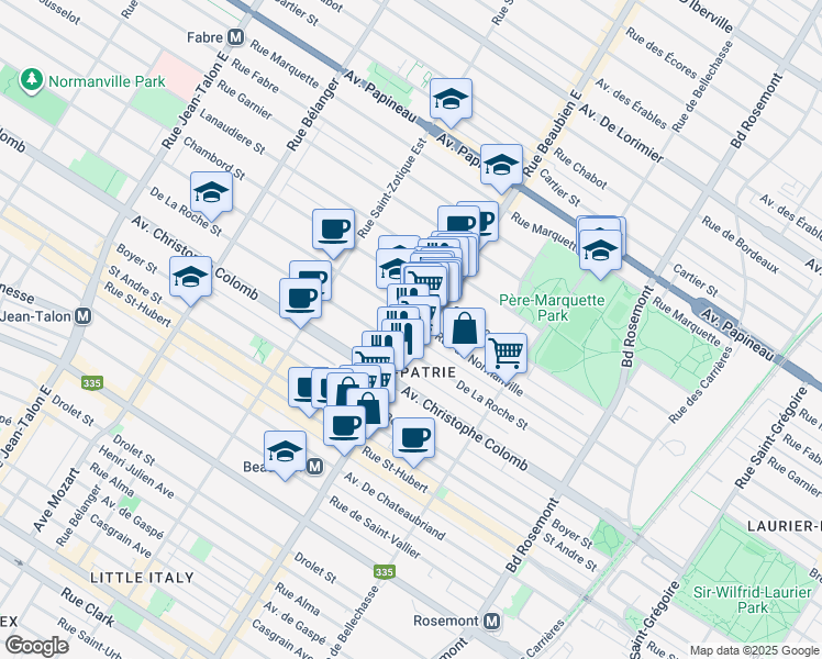 map of restaurants, bars, coffee shops, grocery stores, and more near 6510 Rue de Normanville in Montréal