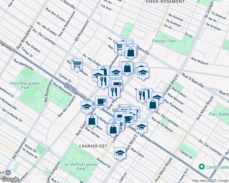 map of restaurants, bars, coffee shops, grocery stores, and more near 5425 Rue de Bordeaux in Montréal